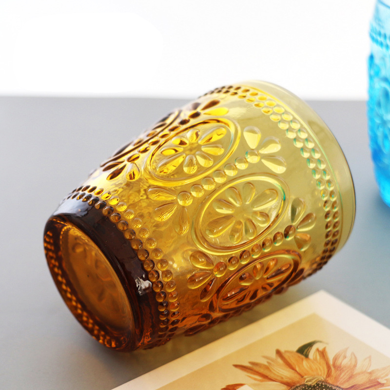 European Style Glass Creative Retro Embossed Pattern Color Crystal Glass Water Cup Breakfast Milk Cup Tea Cup