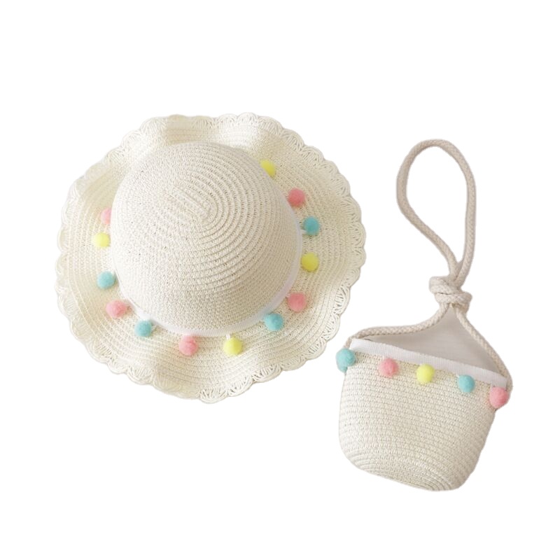 New fashion toddler kids girls spring summer holiday beach Ruffles straw ball bucket hat with bag