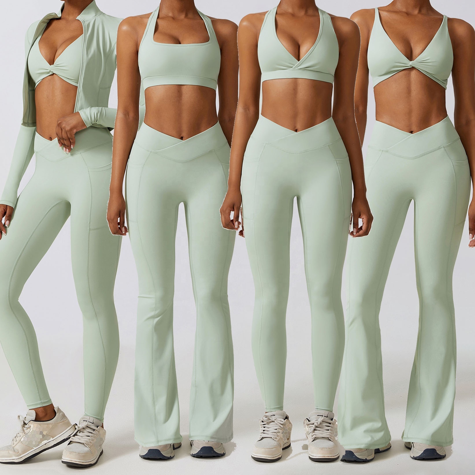 YIYI Sports Bra Gym Fitness 6Pcs Set Tummy Control V Waist Leggings Sets Women Wear Fashion Tight Fitness Gym Clothing Yoga Suit