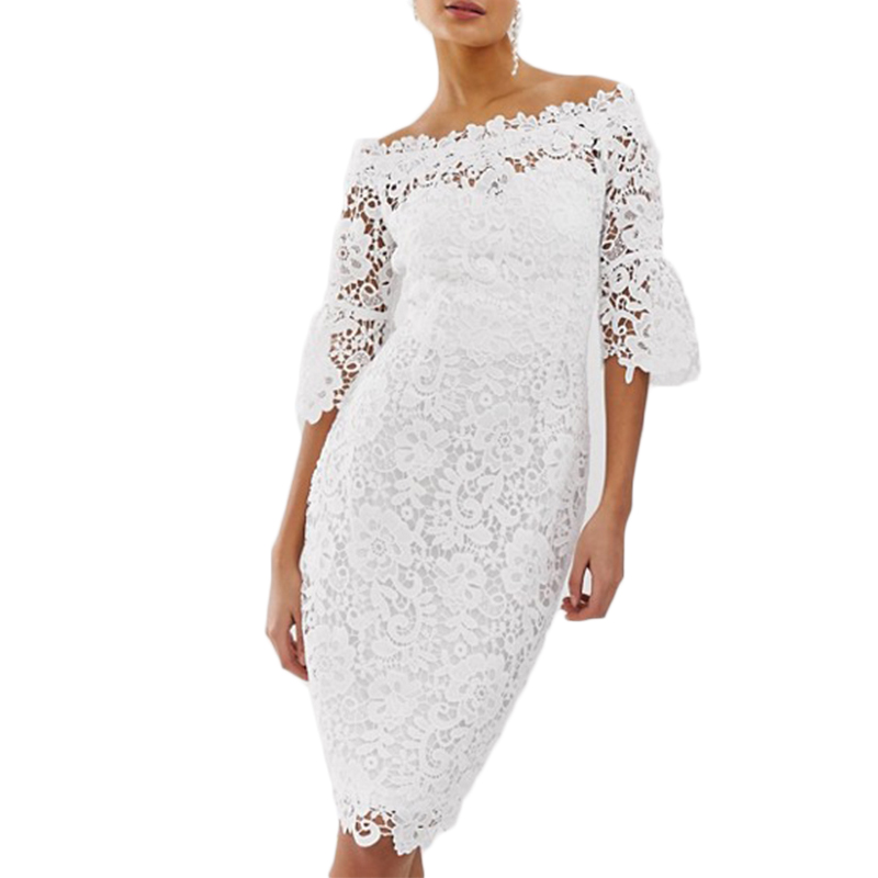 Ladies Elegant White Clothing Off Shoulder Formal Floral Women Lace Dress