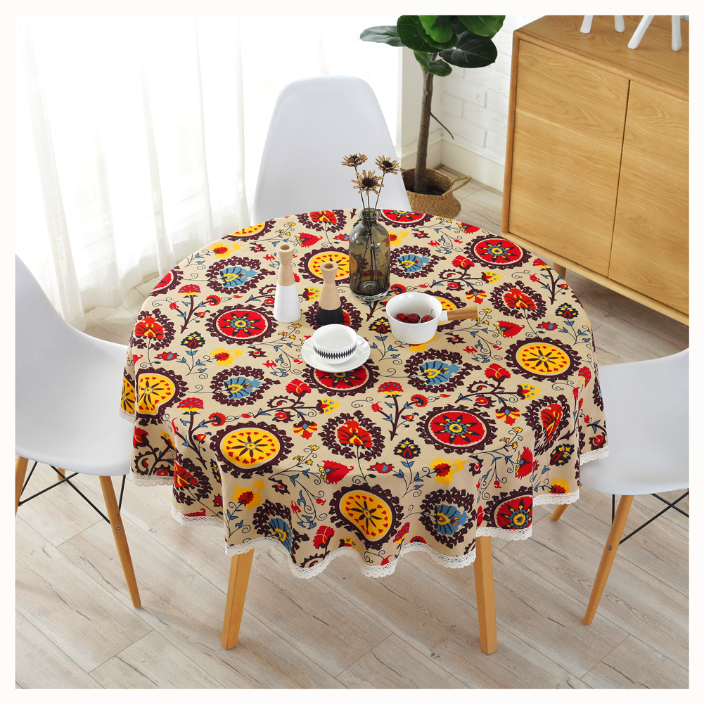 Vintage Lace Sun Flower Embroidered Linen Embroidered Rectangle round Farmhouse Kitchen Outdoor Tablecloths for Dinning Coffee