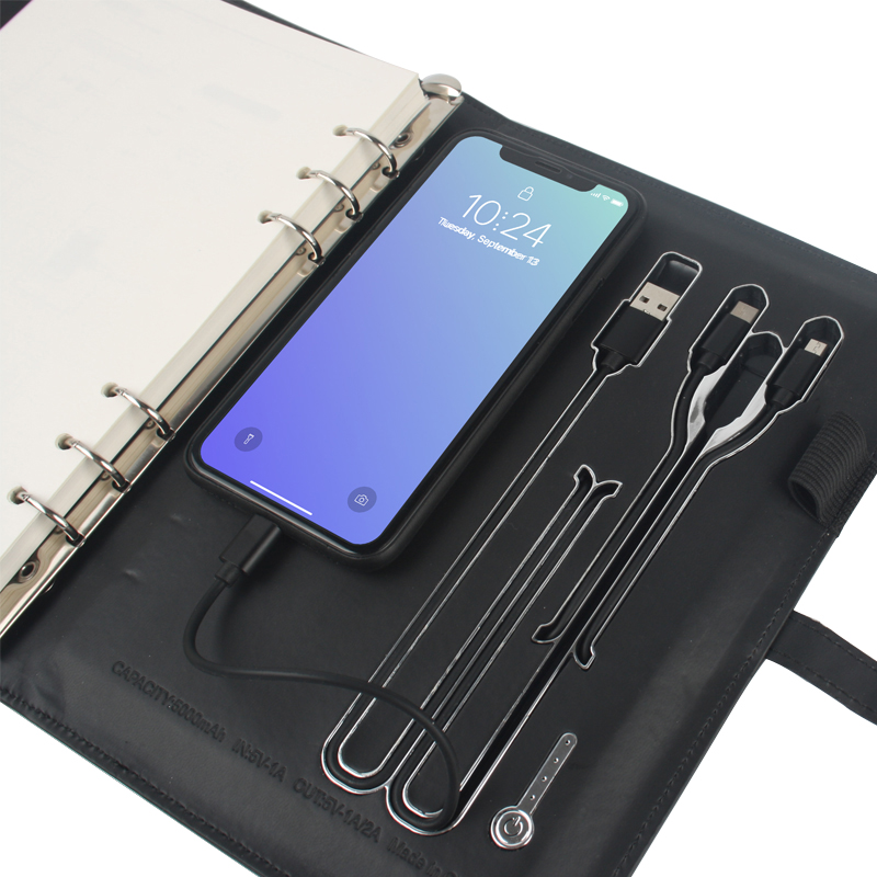 Бизнес a5 ноутбук Многофункциональный pu кожа usb Подгонянный свет вверх логотип Органайзер с банком питания ноутбук