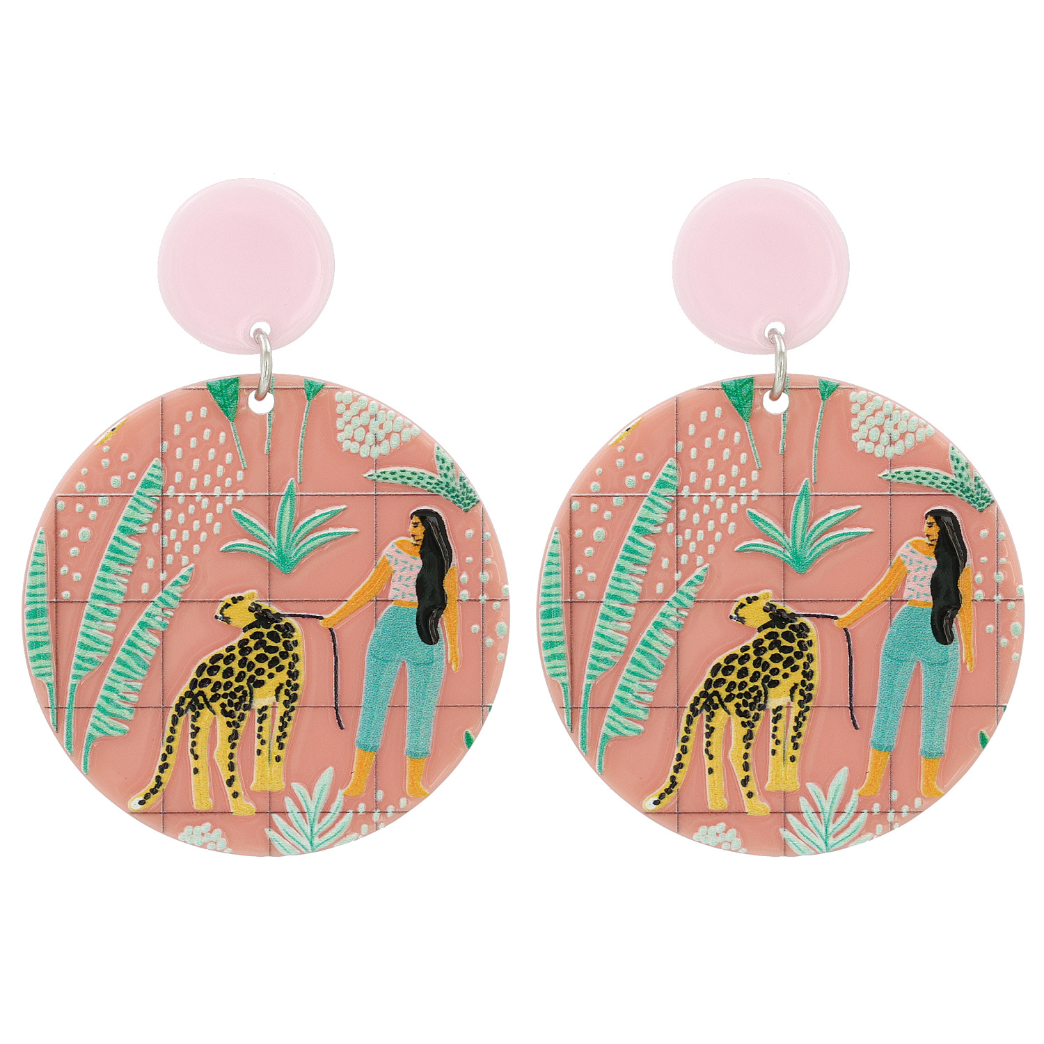 JJ54994 Popular Girl Cute Geometric Round Pink Acrylic Drop Earring