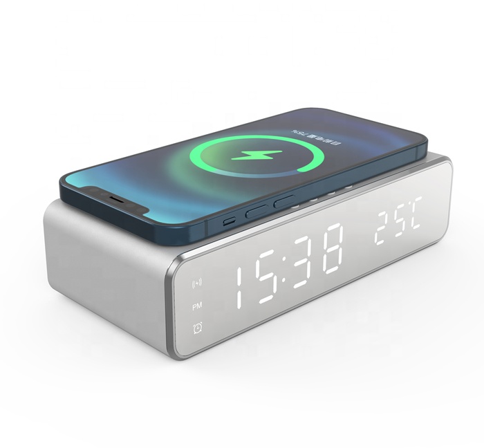 top sell multifunctional digital led temperature display alarm clock with 5w qi wireless charger for phone/ pod 10w fast charge