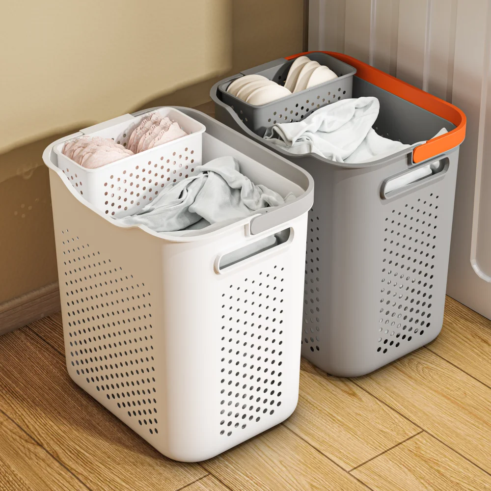 Bathroom Plastic Baby Cloth Separate Compartments Storage Hamper Dirty Laundry Basket with Handle for Clothes