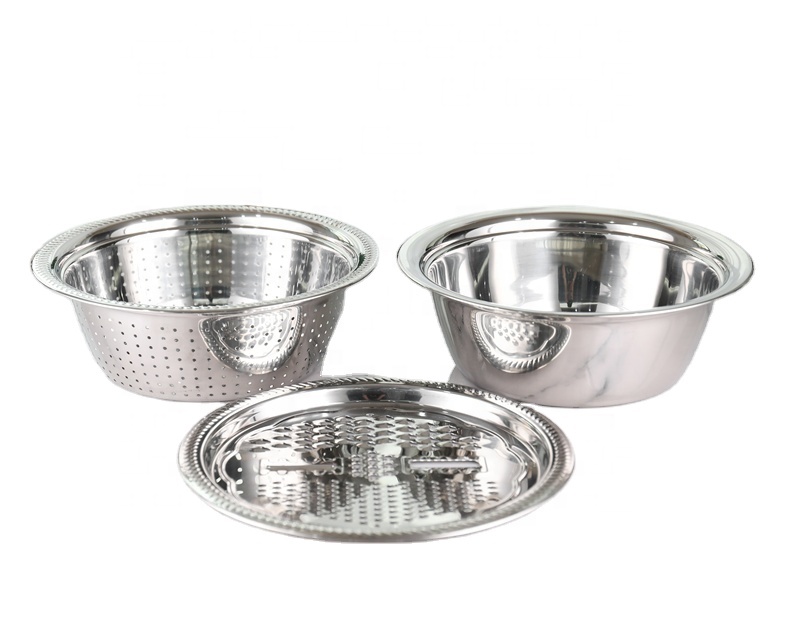 Multifunctional 3Pcs Stainless Steel Colander Mixing Bowls Grater Set Washing Basin for Vegetable
