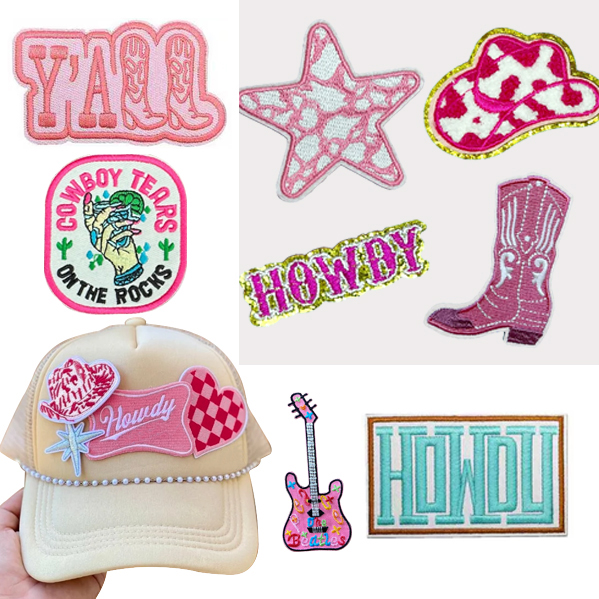 CustomTrendy Heat Press Woven Sequin Embroidery Embroidered Trucker Western Hat Patches Iron on for Caps Hats Clothing badge