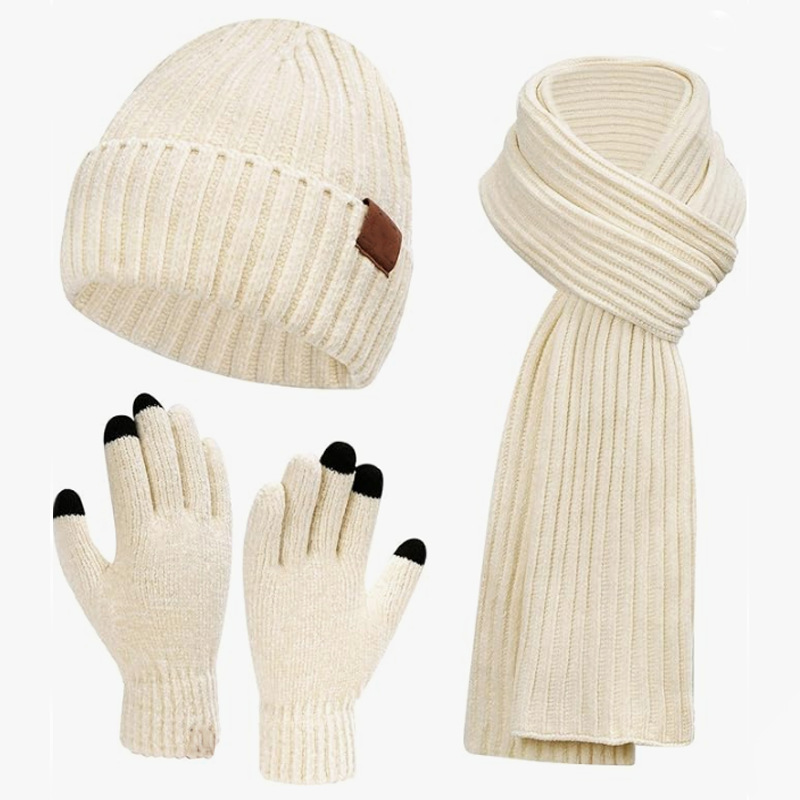 Women's 3-Piece Knit Hat Gloves Set Touch Screen Compatible Chenille 6 Colors Adults