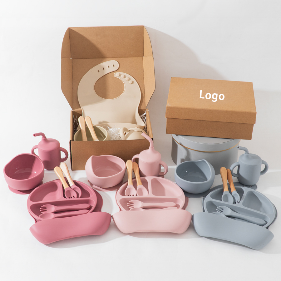Silicone Baby Feeding Set kids dining 8Pcs with Suction Bowl Divided Plate Adjustable Bib Soft Spoon Fork Straw Cup Drinking Cup