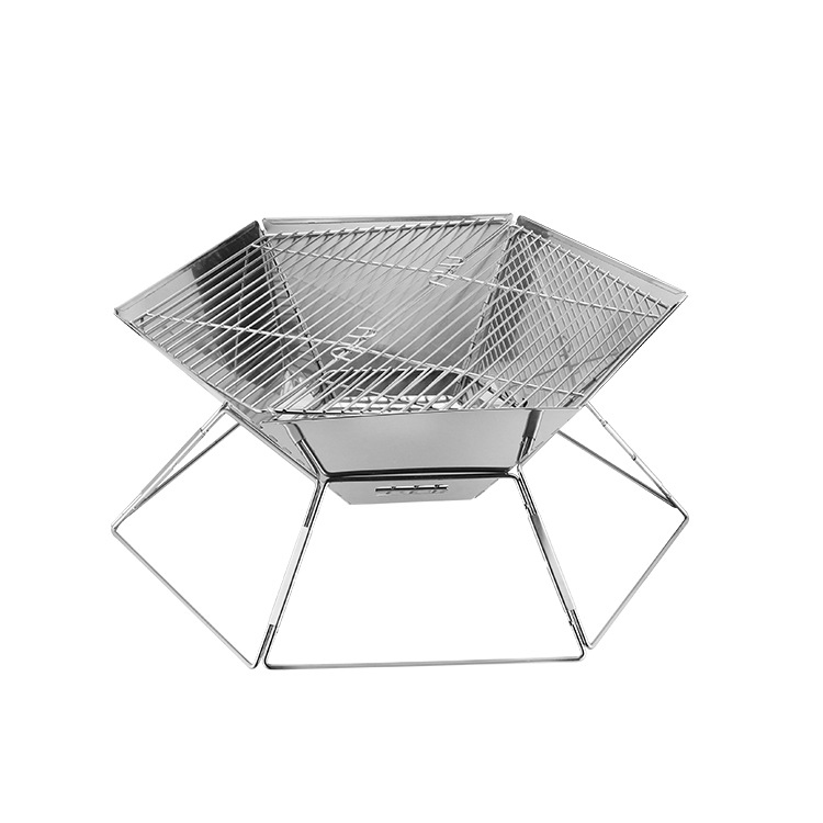 Stainless Steel Barbecue Grill Outdoor Camping Portable Foldable Wood Stove Household Hexagonal Charcoal Barbecue Grill