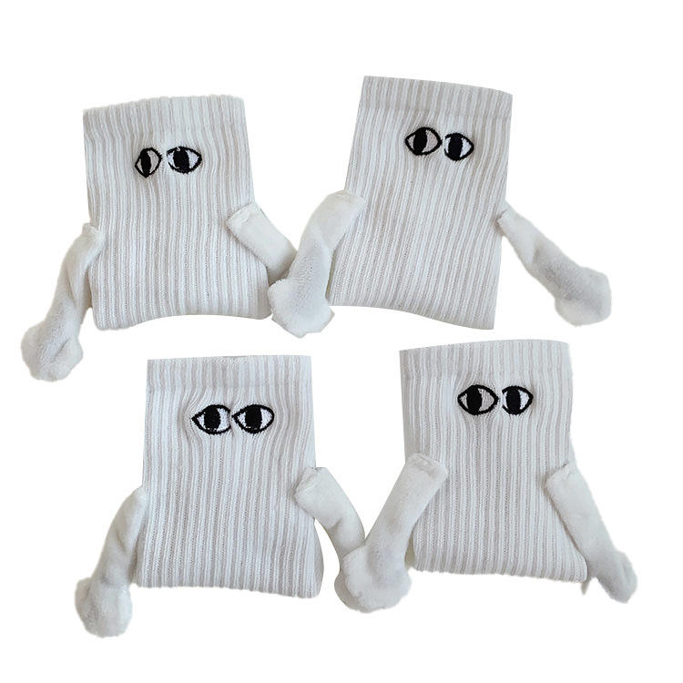 Funny black white solid color ribbed eye embroidery magnetic couple hold hands socks