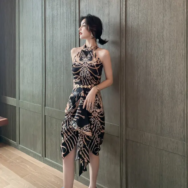 2021 Korean Women Printed Halter Strap Dress Split Skirt Backless Suit Evening Prom Dress with Chain Belt