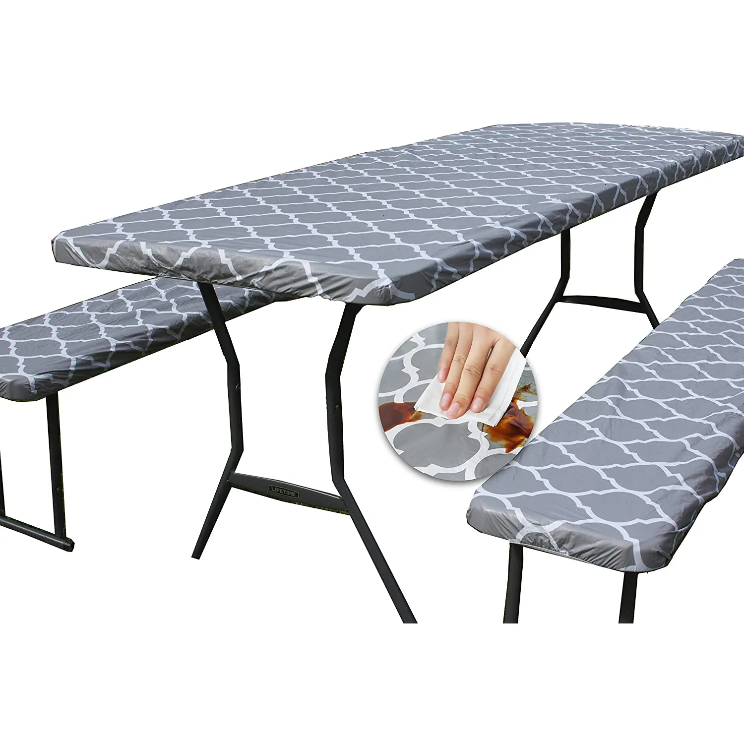 Rectangular Fitted Gray Trellis Pattern Plastic Camping Picnic Waterproof Vinyl Tablecloth for Folding Table Benches 3pcs Set