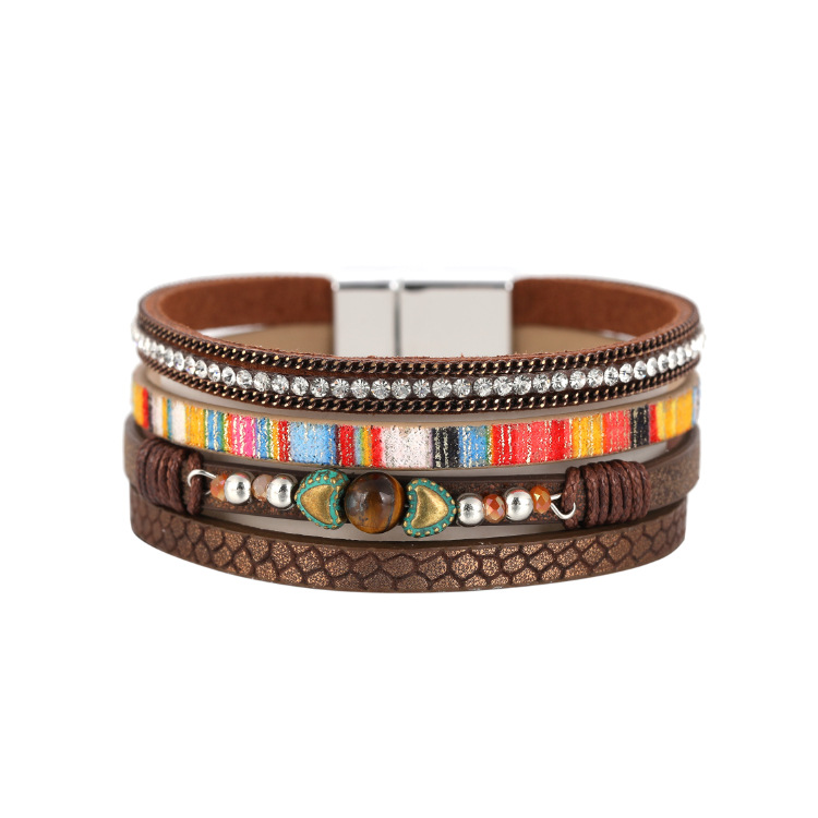 Amazon Hot Sale Multilayer Leather Bracelets with Magnetic Clasp Wide Mirco Pave Crystal Rhinestone Bohemian Wrap Bracelet