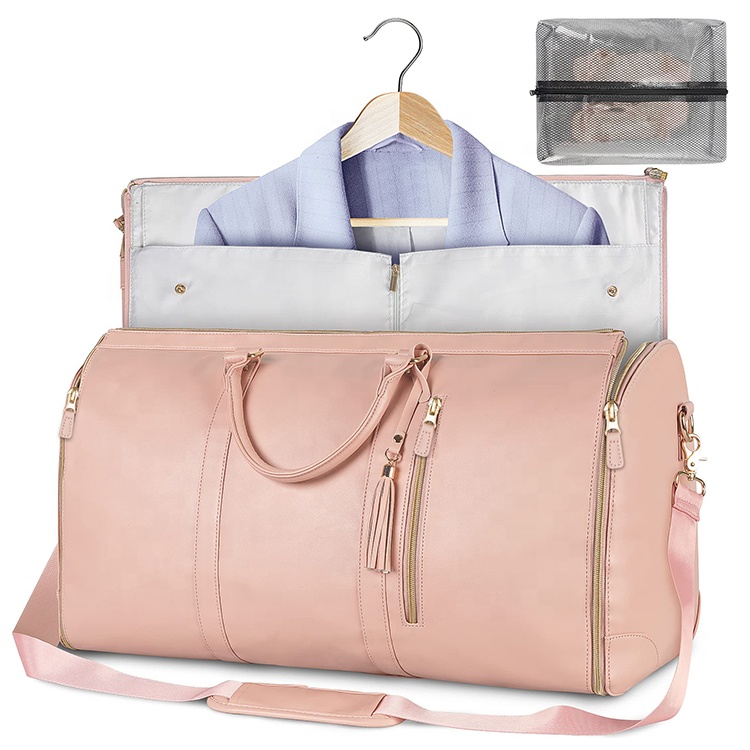 New Pink Suit Leather With Metal Zipper Shoulder Strap Weekender Duffle Garment Bags For Travel