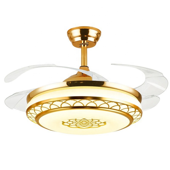 hanging lamp indoor decoration fancy lights retractable blade Gold three colors light LED fan pendant light modern