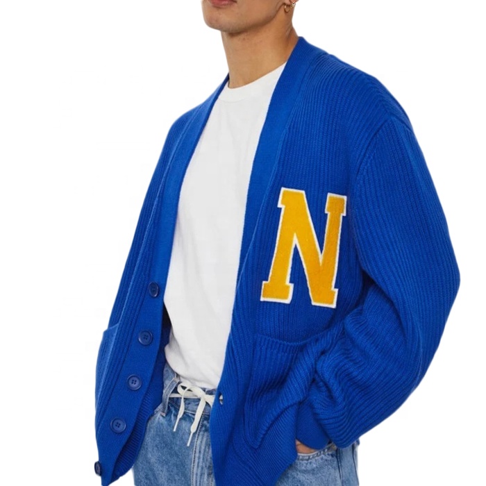 Finch Garment custom chenille embroidery patch sweaters mens knitted sweater cardigan with pocket