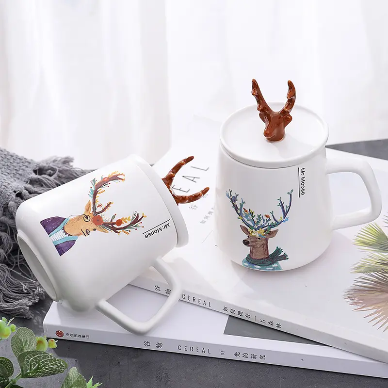 Mug Cups 450ml Hot Ins Creative Handmade Cute Antler Ceramic Mug Tea Cups Ceramics Porcelain Office Coffee Cup With Lid
