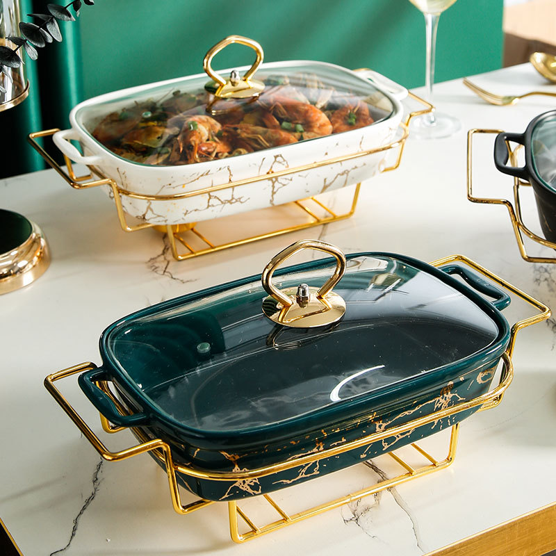 Nordic Rectangular Shape Ceramic Casserole Home Tableware Light Luxury Black White Green Grilled Fish Pot Plate With Shelf Lid