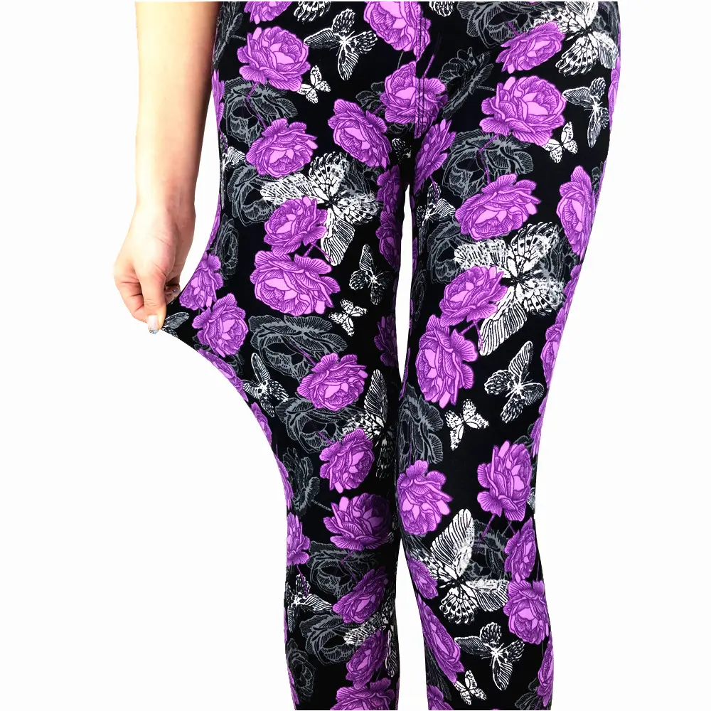 Custom Pattern Buttery Soft 92/8 Polyester Spandex High Waist Yoga Band Purple Flowers Butterfly Leggings