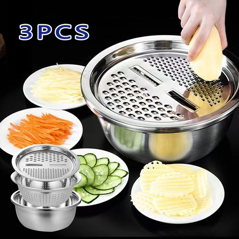 3pcs Metal Kitchen Tools Stainless Steel Fruit & Vegetable Cutter Grater Dicer Slicer Set Drain Basin Food Chopper