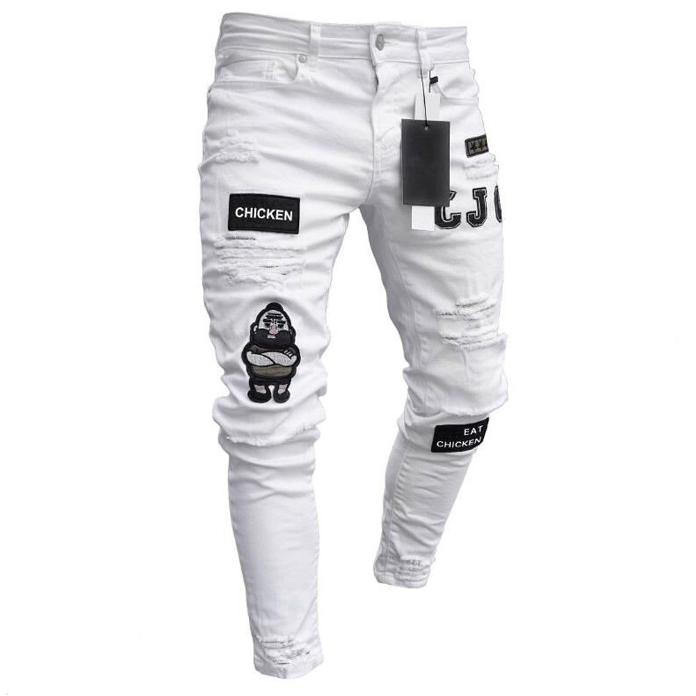 Уничтожена отверстие тесьмой Slim Fit джинсовые поцарапан высокого качества 3 вида стилей для мужчин эластичная рваные узкие байкерские с узором, вышивкой и джинсы