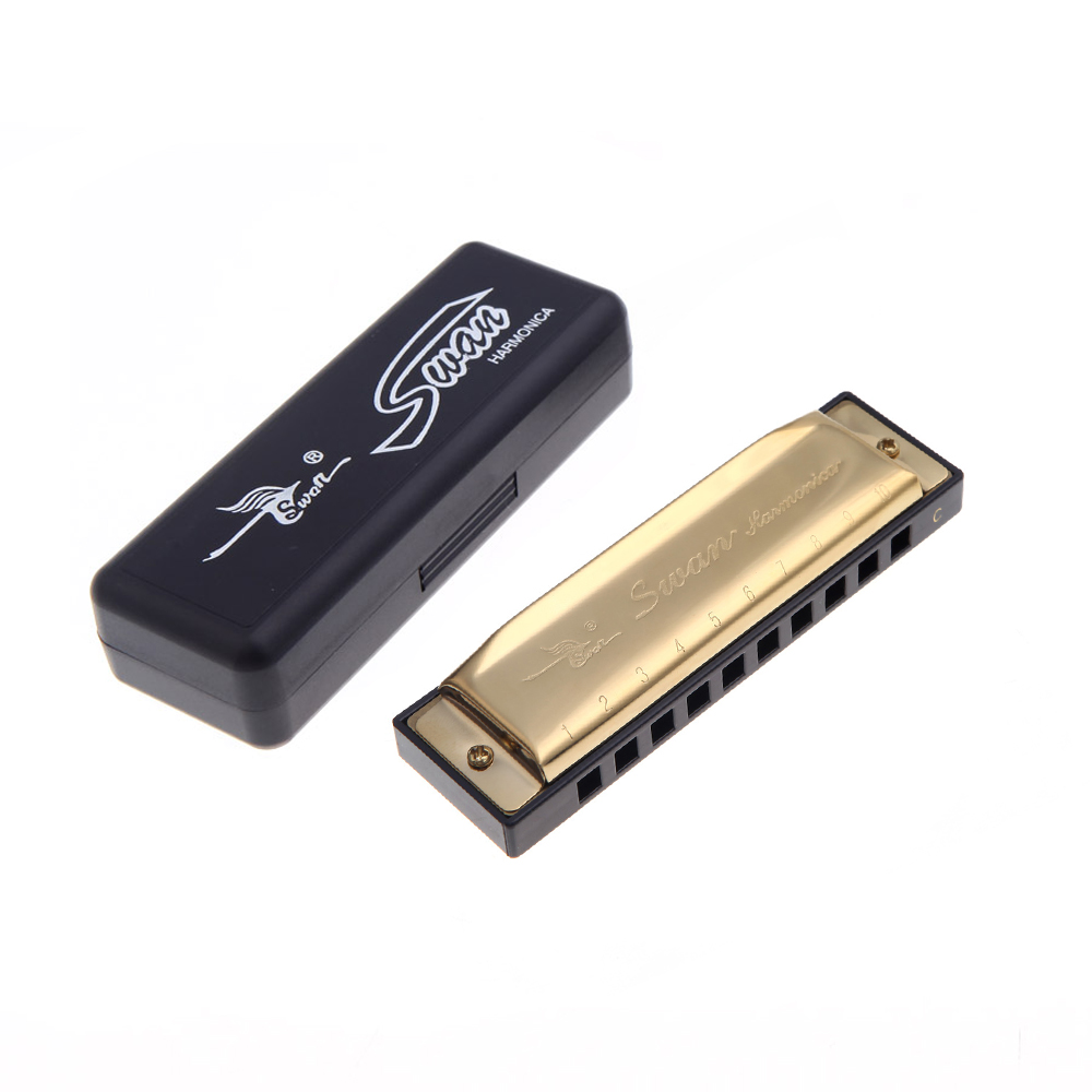 Swan 10 Holes Harmonicas Blues Harmonica Harp for Beginner Children Musical Instrument Golden