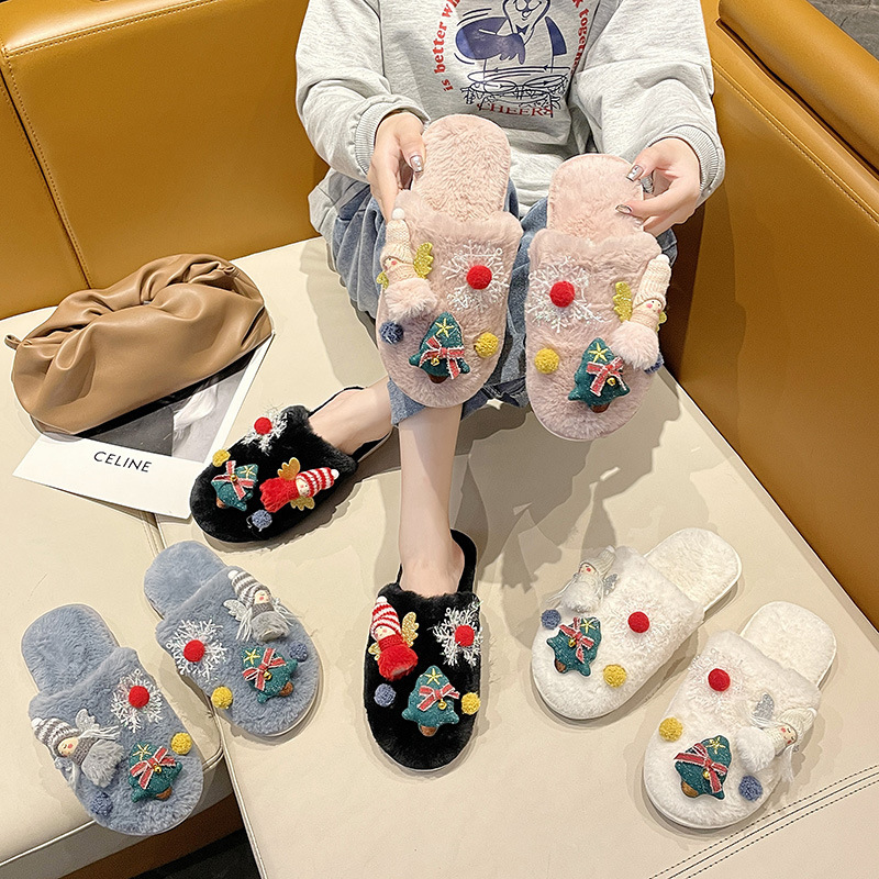 2021 autumn/winter new cute cartoon snowflake Christmas tree women warm indoor home plush furry indoor bedroom plush slippers