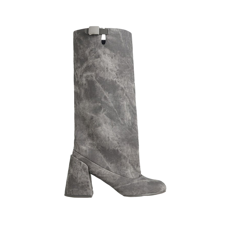 Women's 2024 Grey Knee-High Boots Square Toe High Block Heel Zipper Back Platform Waterproof PVC Insole Printed Style-Suede