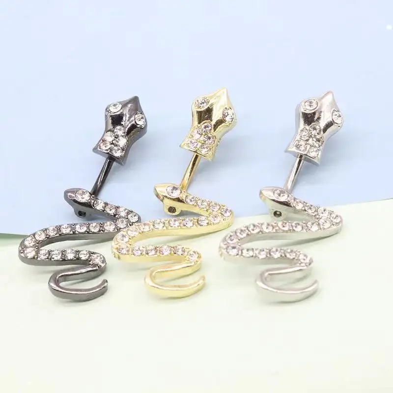 Sexy Women 316L Stainless Steel Snake Belly Ring Rhinestone Silver Snake Navel Nail Piercing Belly Ring Body Jewelry