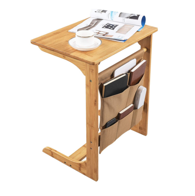 Modern Bedroom Bamboo C-Shaped Small Sofa Side End Cabinet Coner Coffee Snack Tea Bedside Tables Living Room with Storage Bag