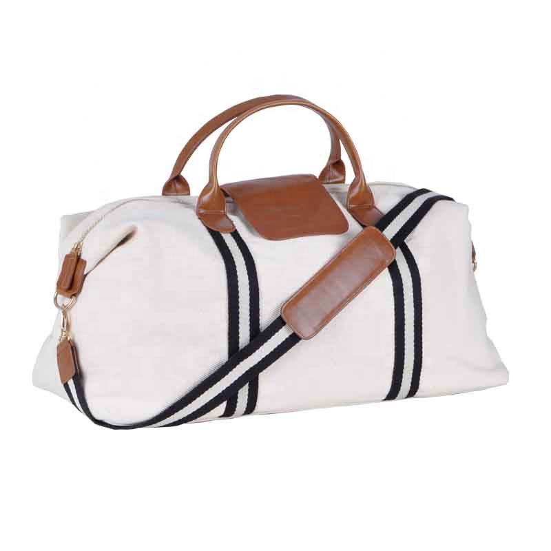 Duffel Bag PU Leather Trimming Customized Logo OEM Weekend Bag Large Capacity Brown Thick Twill Canvas White Travel with Light
