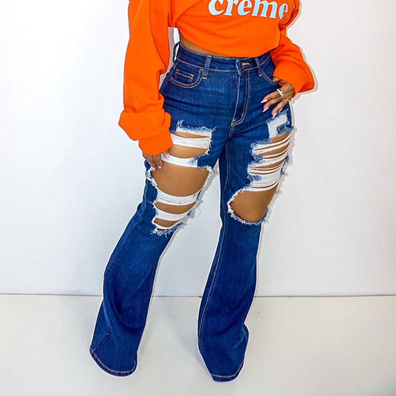 Plus Size Pants & Jeans Fall 2021 New Fashion Casual High Waisted Bell Bottoms Women's Ripped Jeans