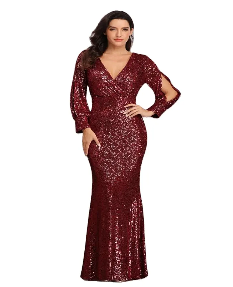 Foreign Trade Dress Multi-Color Large Size V-Neck Sequined Fishtail Women Evening Dress