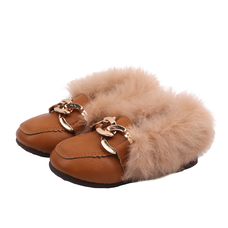 2021 Autumn and winter Leather Flat Sandals Children Girls Fur Slides Golden Color Chain Furry Kids Shoes