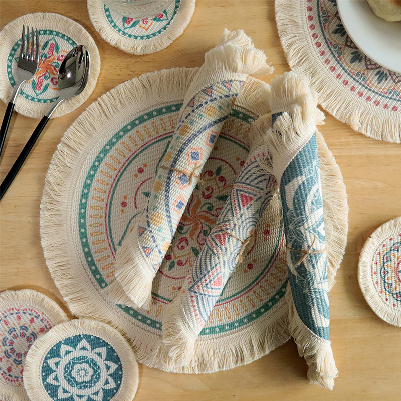 Cygnus Home Decor Dining Natural Chinese Style Yarn Dyed Handmade Tassel Classic Table Runner and Placemat Set