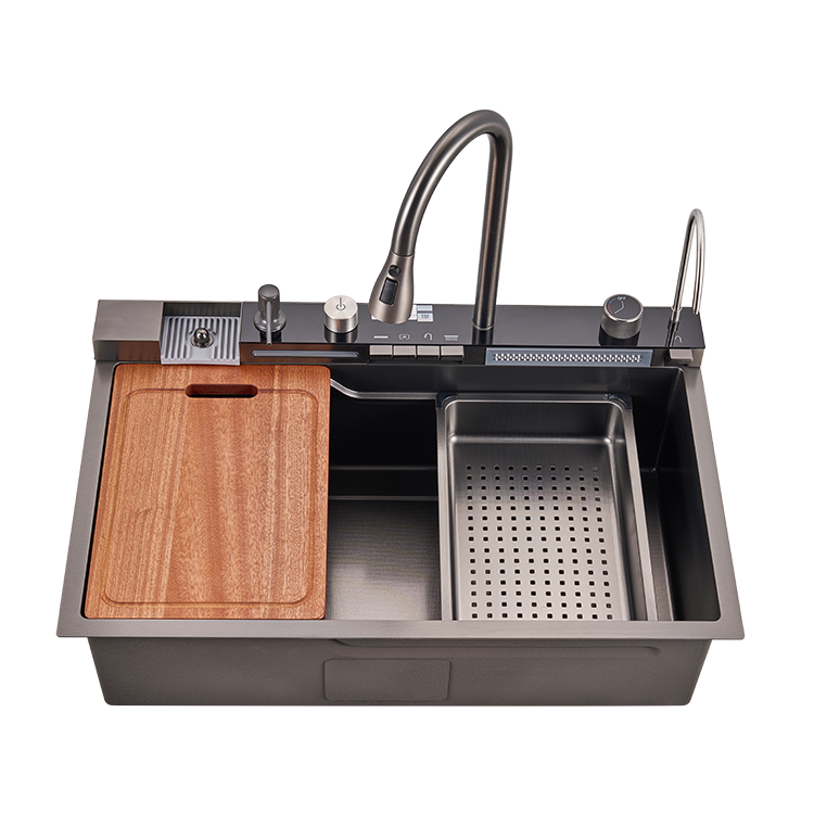 New Trend 304 SS Multifunctional One Piece Automatic Cup Washer Piano Digital Display Two Waterfall Faucet Kitchen Sinks