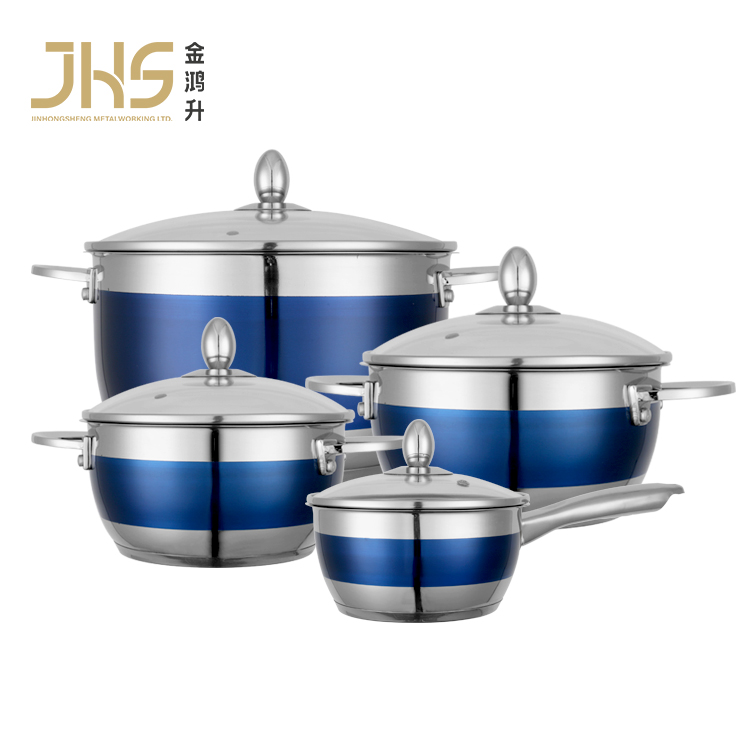 Кухонная посуда JHS Eco с двойной ручкой, 8 шт., кухонная посуда из нержавеющей стали с голубым принтом, набор для приготовления пищи с молоком