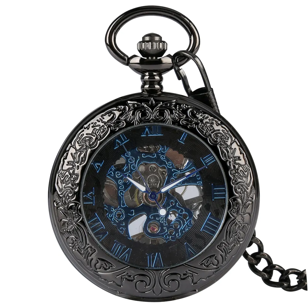 Vintage Classic Fob Clock Black Roman Steampunk Mechanical Hand Wind Skeleton Pocket Watches