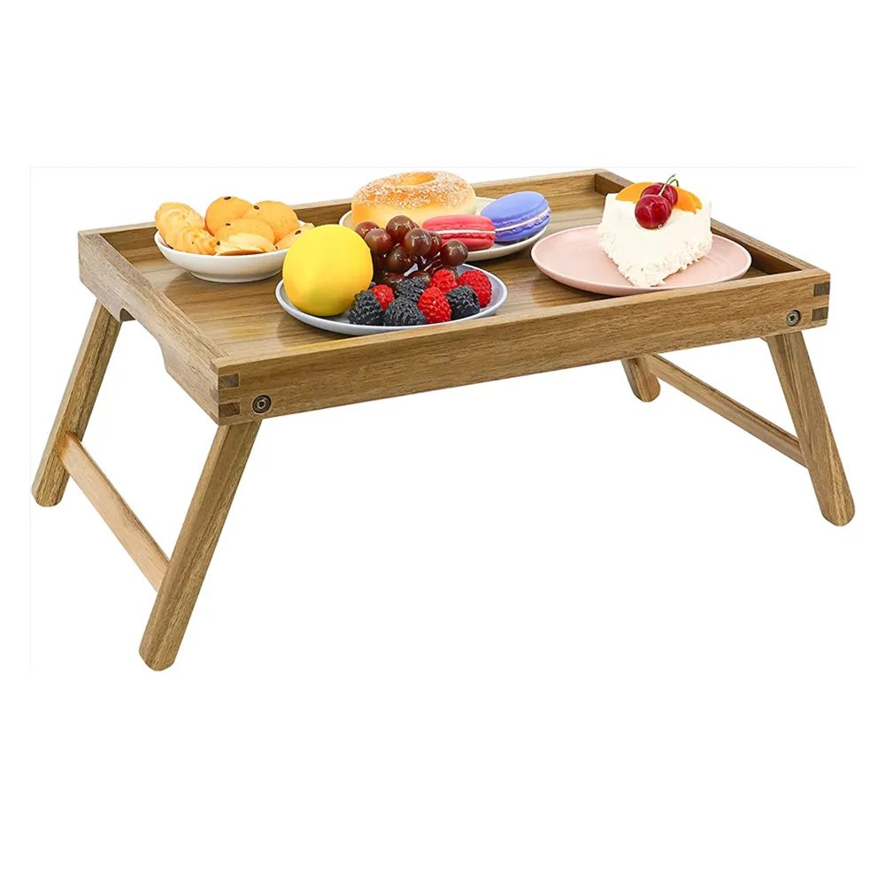 Acacia Wood Bed Tray With Folding Legs Hotel Wooden Dinner Plate Serving Tray