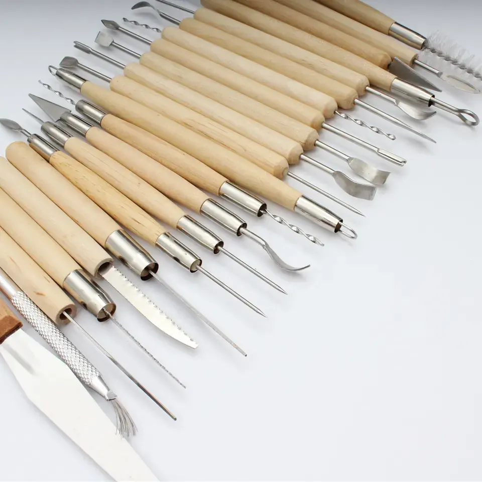 Ready To Ship Stainless Steel Wooden Handle Clay Pottery Carving Tool Set