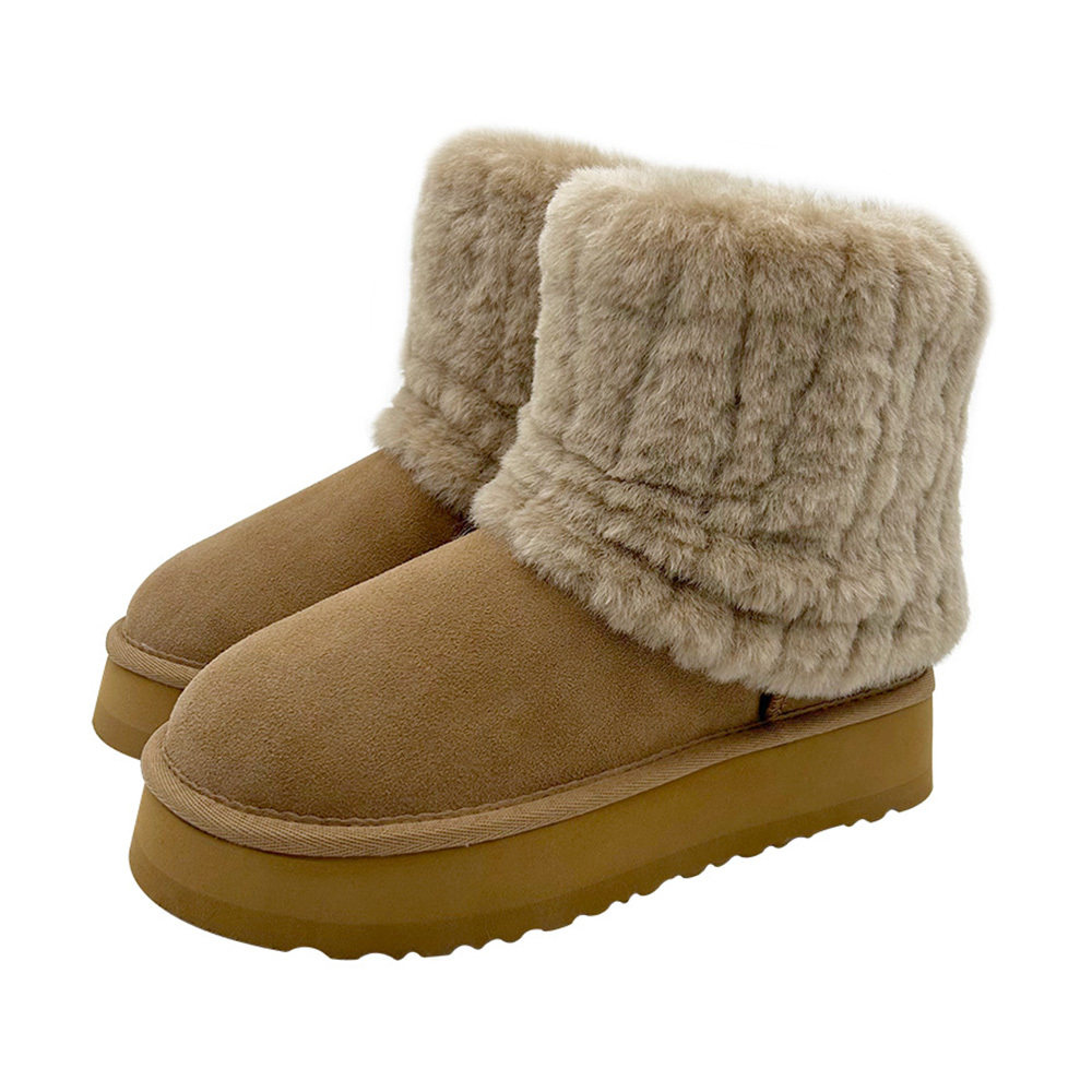 Platform Fold-Over Fur Boots for Women Fuzzy Fleece Lined Genuine Suede Platform Warm Winter Classic Short Mini Boots