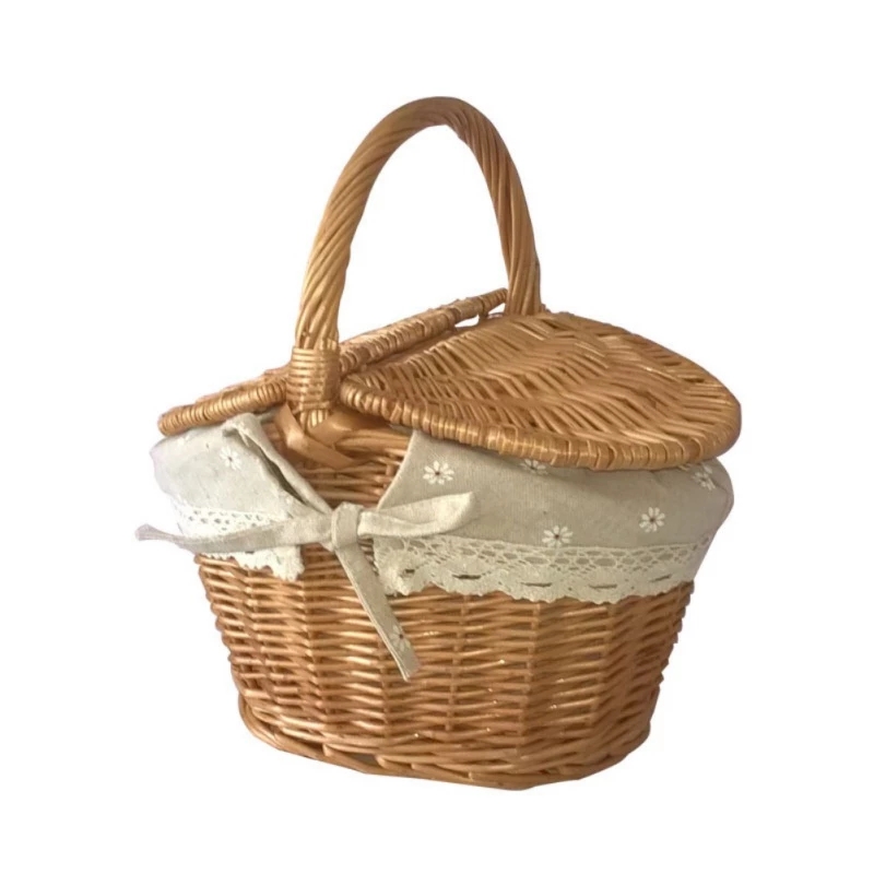 Handmade Woven Rattan Basket With Handle Double Lids for Camping Picnic Food Storage Container Kitchen Organizer