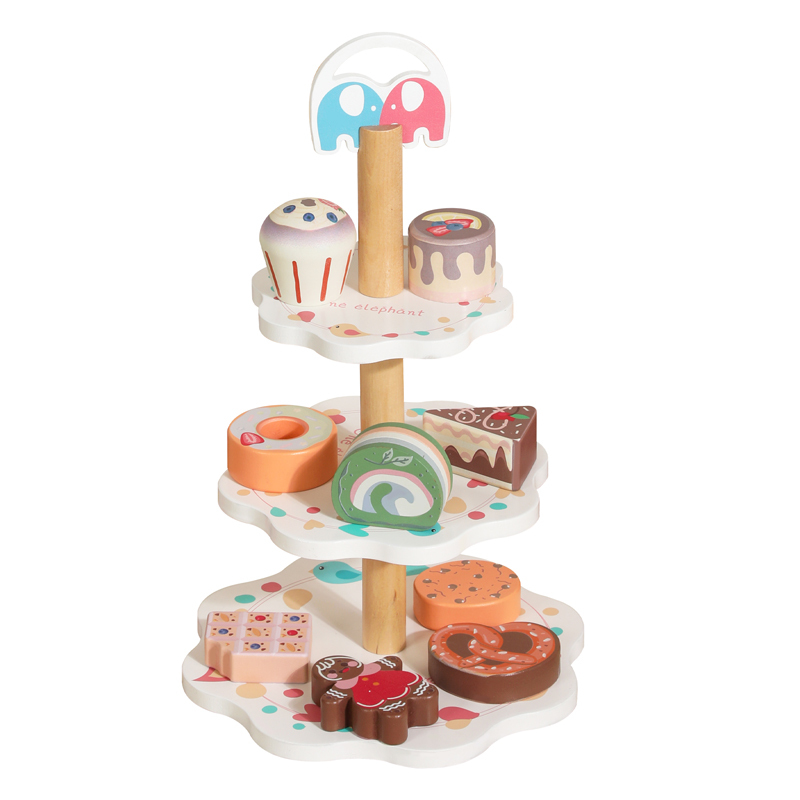 New Design Dessert Tower Toy Cake Afternoon Tea Set Simulation 3 Layer Snack Table Candy Kitchen Role Play Wooden Toys for kids