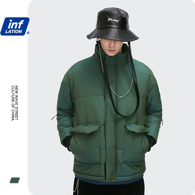 INFALTION 2020 In Stock Winter Plus Size Laser Reflective Letters Warm Stand Collar Zipper Male Bubble Coat