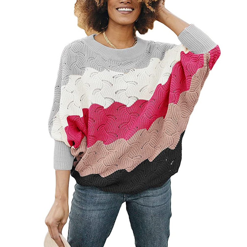 Women Knitted Pullovers Autumn O-Neck Loose Bating Sleeves Striped Patchwork Hollow Out Pullover Casual Women Sweater