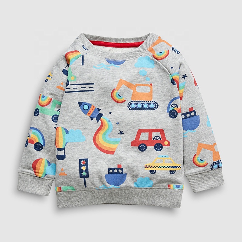 O-neck Fleece Cartoon Car Pattern Sweatshirt Plain Youth Baby Boy Hoodie Outfit Reversible 100% Cotton OEM Service Windproof