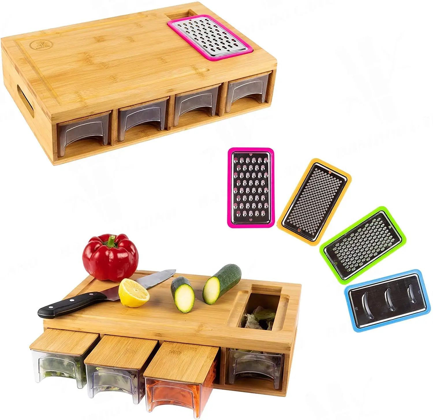 Bamboo Cutting Board With trays/drawers/container and bamboo lids, Chopping board with juice grooves, handles & food sliding