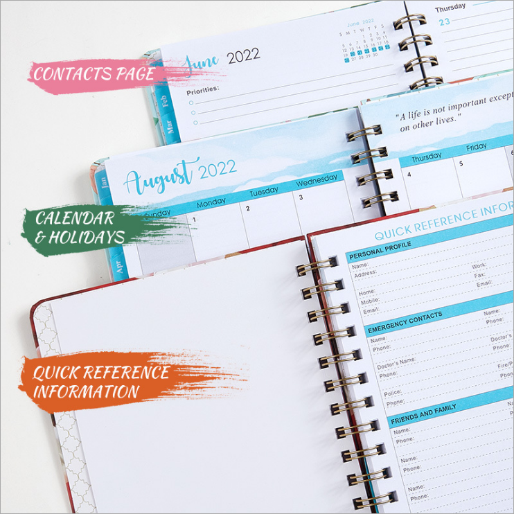 Custom Printing 2022 Hardcover A5 Spiral Paper Note Book Diary Journal Agenda Daily Weekly Monthly Organizer Planner Notebook