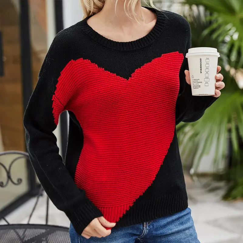 New O-neck Pullover Knitted Shirt Love Print Knitted Bottom Shirt Long Sleeve Street Style Casual Women's Sweater